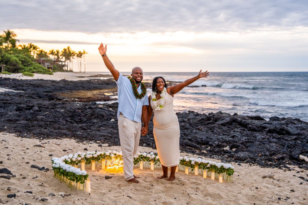 Rosewood Kona Village Surprise Proposal White Flower Marry Me Sign Photos by Big Island Hawaii Engagement Photographer