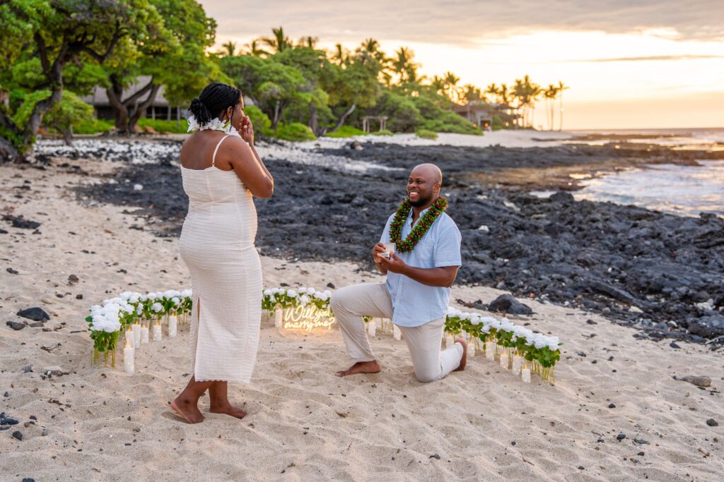 Rosewood Kona Village Surprise Proposal White Flower Marry Me Sign Photos by Big Island Hawaii Engagement Photographer