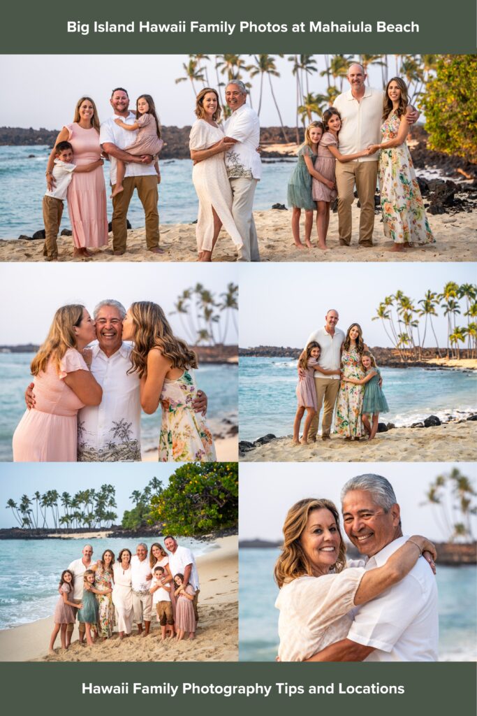 A collage of hawaii family photos at a beach, showcasing smiling adults and children in light-colored clothes, set against palm trees, sand, and ocean. Text above and below highlights the memorable session.
