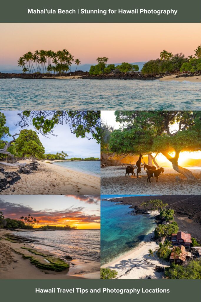 A collage of Mahai’ula Beach in Hawaii featuring palm trees, sandy shores, vibrant sunsets, clear blue water, coastal houses, and horses under a large tree. Text reads, “Stunning for Mahai’ula Beach Photography.”.