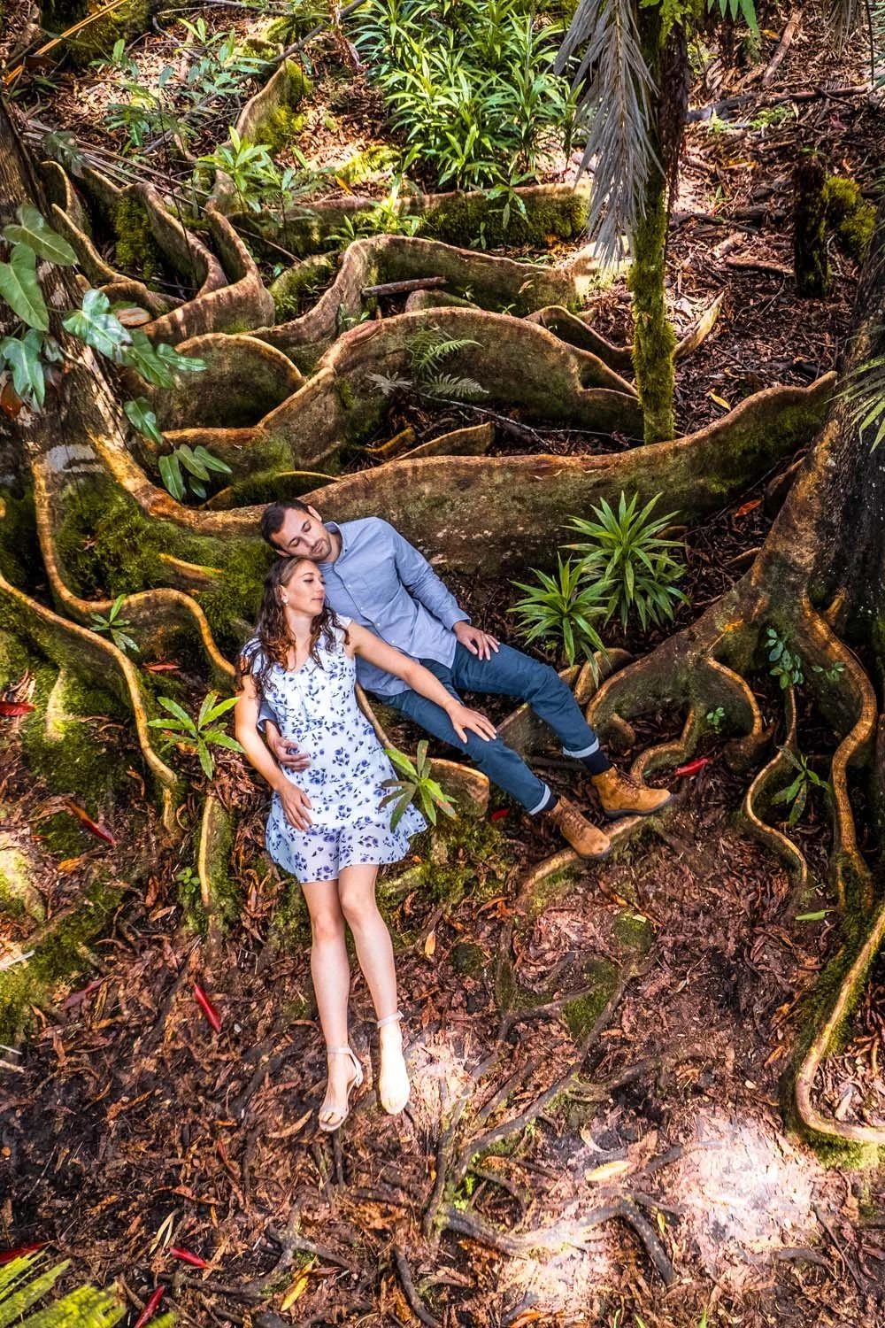 couple cuddling at the kona cloud forest sanctuary for a couples portrait session and drone photography on the Big Island of Hawaii
