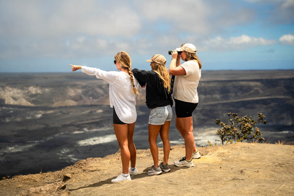 Women looking at halemaumau crater hawaii volcanoes national park