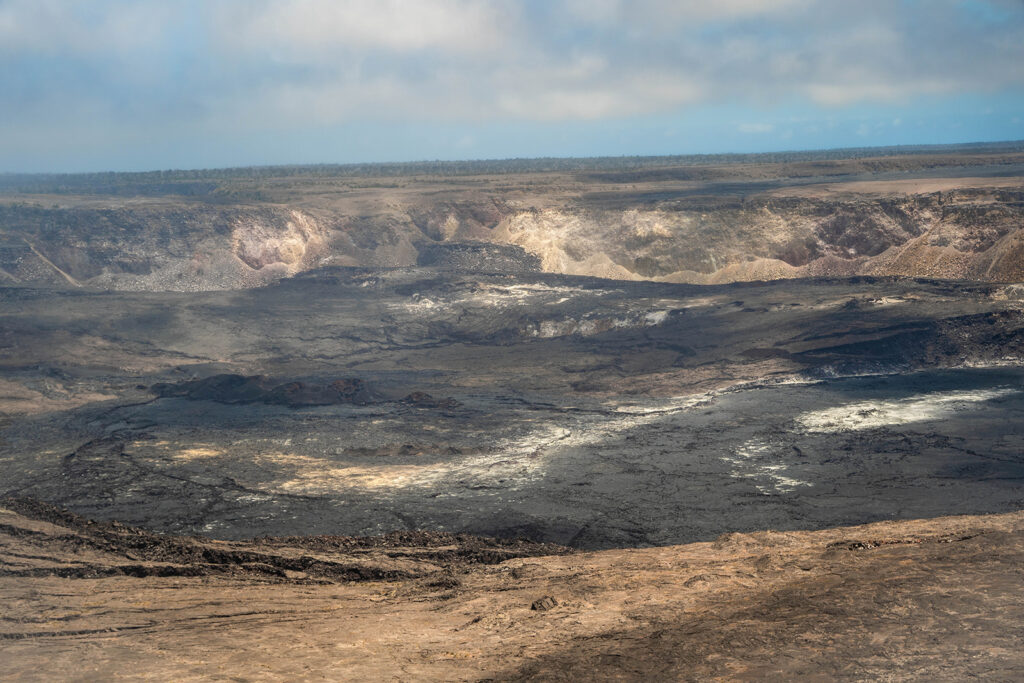 Panoramic view of Halemaʻumaʻu Crater from Kīlauea Overlook in Hawaii Volcanoes National Park on the Big Island.
