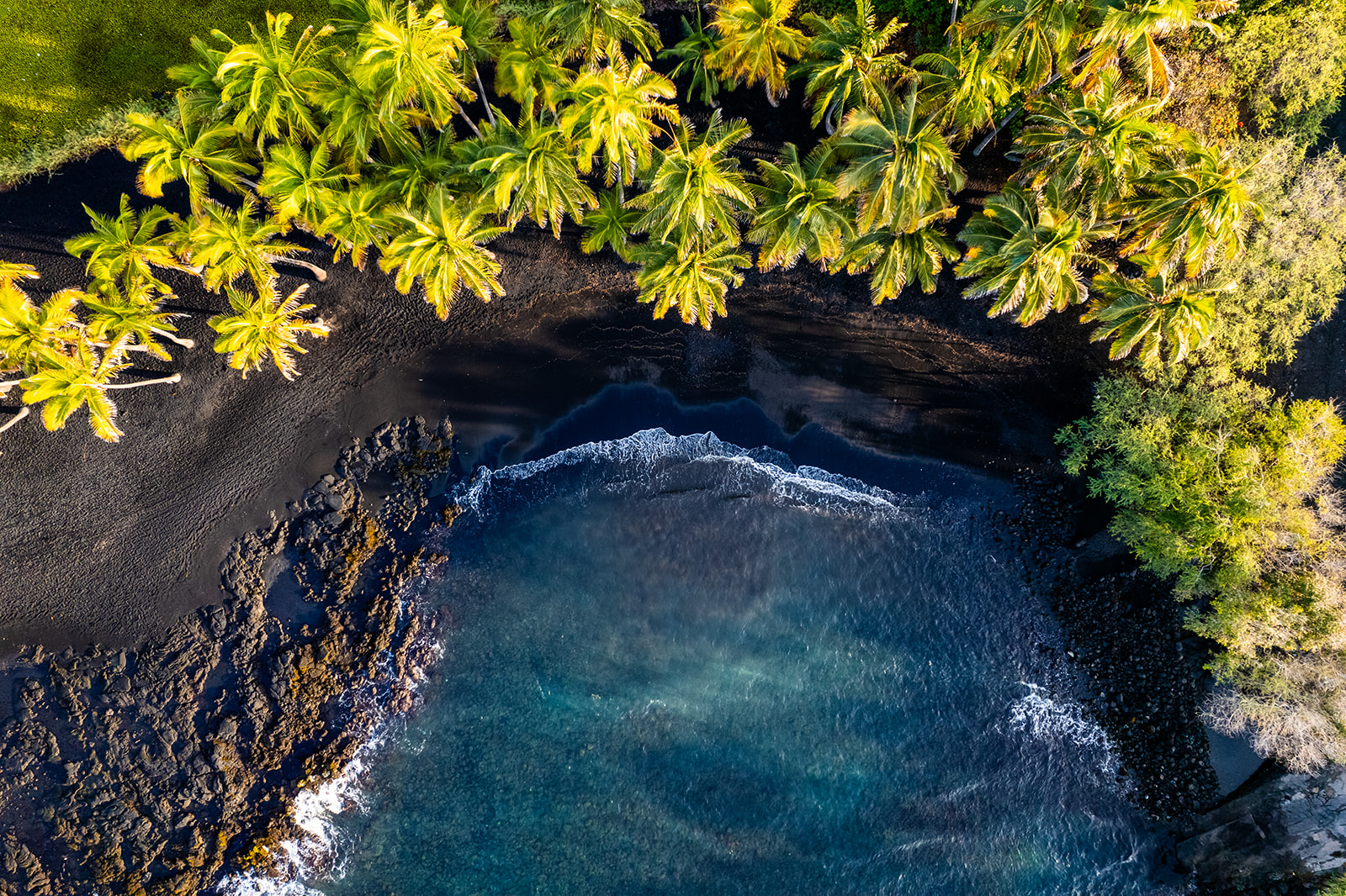 Aerial view of Punaluʻu Black Sand Beach on the Big Island of Hawaii, showing palm trees, lava rocks, and turquoise ocean waves.