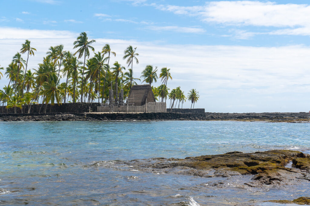 Puʻuhonua o Hōnaunau National Historical Park, also known as the City of Refuge, viewed from Hōnaunau Bay on the Big Island of Hawaii.