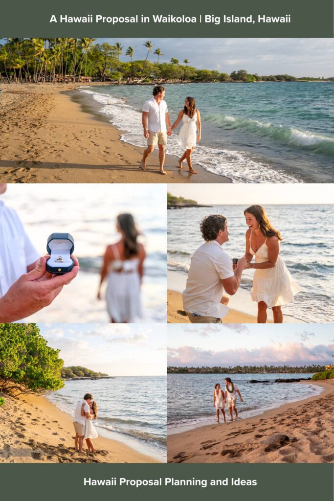 A couple walks and embraces on a sunny beach; a man proposes with a ring, and the woman reacts joyfully. Palm trees and blue water set the scene for an unforgettable Anaehoomalu Beach proposal. Text above and below describes a Hawaii proposal.