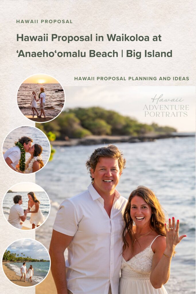 A collage captures an Anaehoomalu Beach proposal in Hawaii, as the couple walks on the sand, exchanges leis, embraces, and smiles while she shows her ring. Text highlights the location and romantic Hawaii proposal theme.