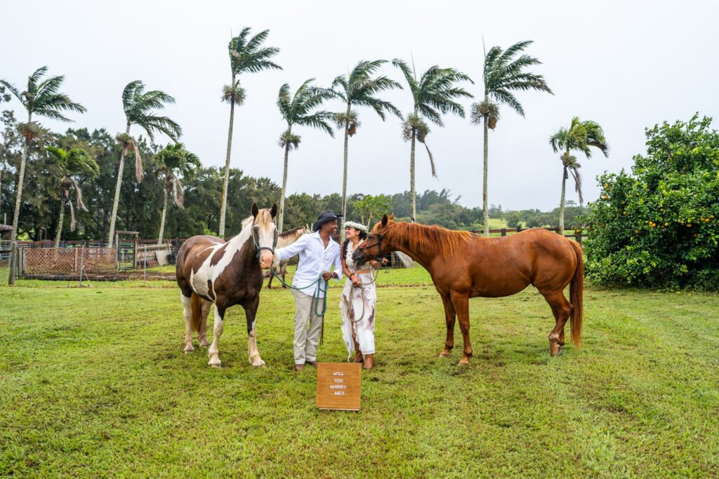 big island hawaii horseback surprise proposal at ranch by hawaii proposal photographer