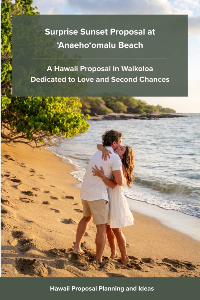 A couple embraces and kisses on a sandy beach at sunset, gentle waves and trees behind them. Text overlays announce an anaehoomalu beach proposal in Waikoloa, Hawaii, celebrating love and second chances.
