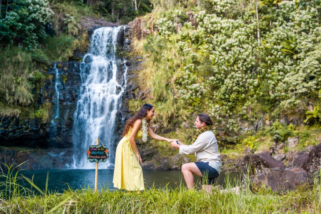A man kneels and proposes to a woman in a yellow dress beside a lush waterfall, inspired by romantic Hawaii proposal ideas. A small decorated sign stands on the grass nearby.
