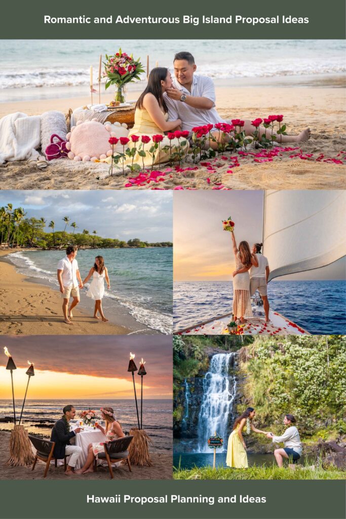 A collage showing romantic Hawaii proposal ideas: beachside picnic with roses, couple walking on the beach, proposal on a sailboat, sunset dinner with tiki torches, and a waterfall proposal. Text: Romantic and Adventurous hawaii proposal ideas.