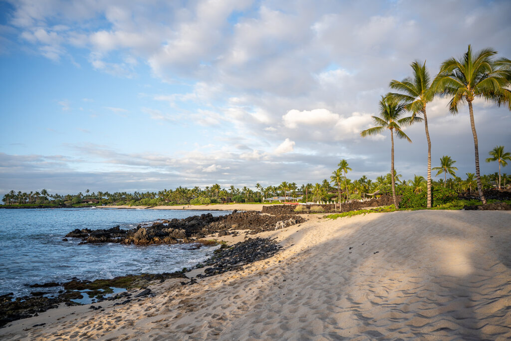 A sandy beach with scattered black rocks, gentle waves, and tall palm trees under a partly cloudy sky. Tropical greenery lines the shore in the distance.