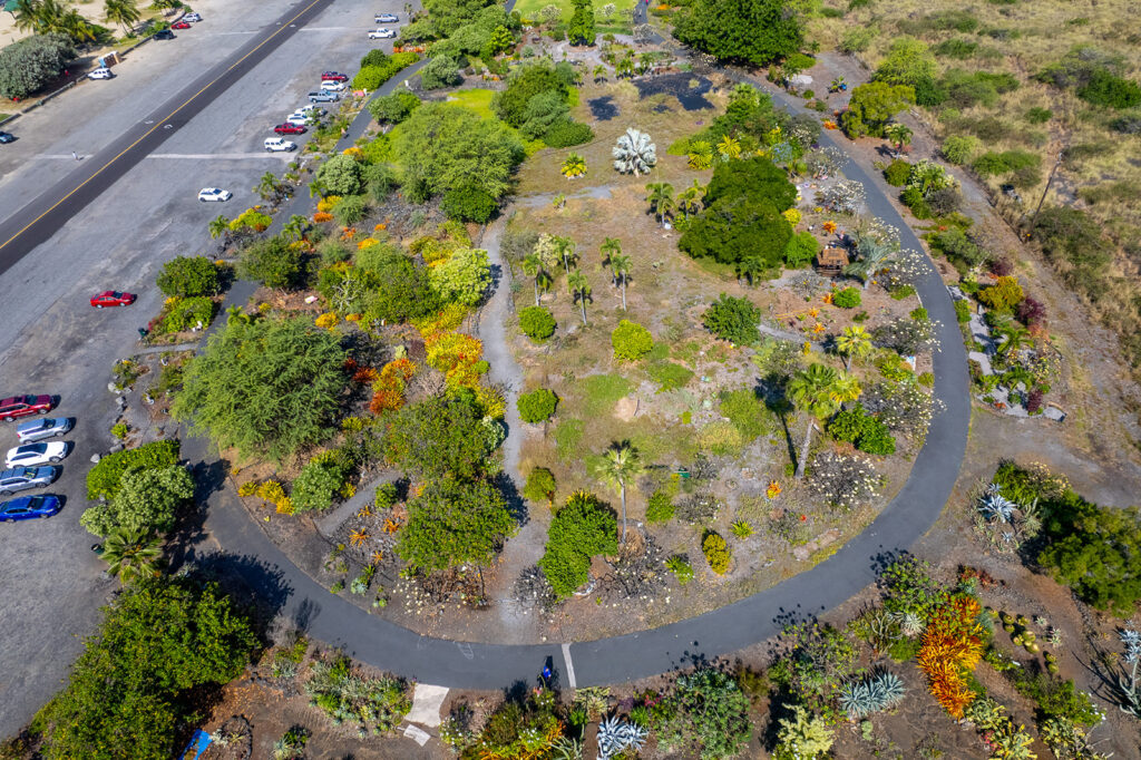 Aerial view of a circular botanical garden with walking paths, diverse trees, and colorful plants, surrounded by a parking lot with parked cars on the left and dry grassland on the right.