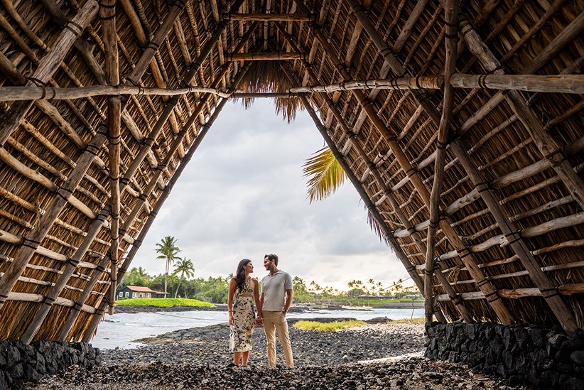 a couple in engagement photos hawaii background